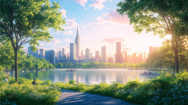 Sunrise and Sunset over the River with City Skyline and Reflections - Powered by Adobe