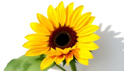Obraz premium Bright sunflower with green leaves on a white background
