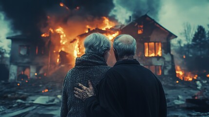 Elderly Couple Witnessing Their Home Burning