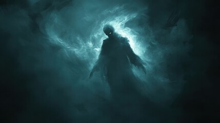 Phantom-like ghost emerging from shadow, illuminated faintly, with misty aura creating an eerie, haunting feel
