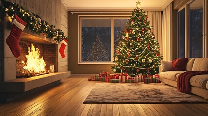 A cozy living room decorated for Christmas with a lit fireplace, a decorated Christmas tree, presents, and a couch with a throw blanket.