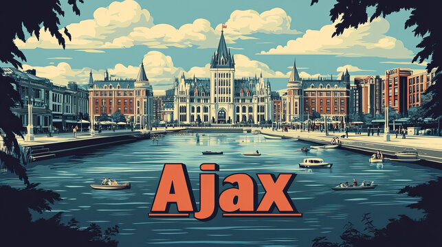 Ajax, Canada, modern french vintage art nouveau travel poster. City name in bold art nouveau font. Graphic designed, detailed, clean