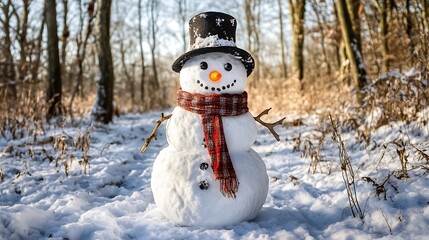 Obraz premium A Snowman Wearing a Black Top Hat and Red Scarf in a Snowy Forest