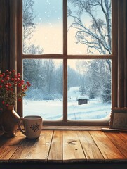 Wooden Windowsill with a View of Snowy Winter Landscape and a Mug of Coffee