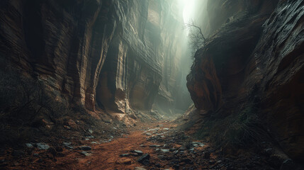 Thick fog, between the walls of the canyon, a mysterious natural environment.