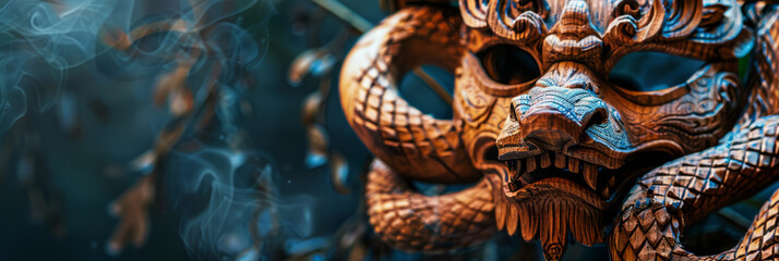 Naklejka premium The wooden snake coiled around a decorative New Year's Eve mask with a festive, mysterious vibe.