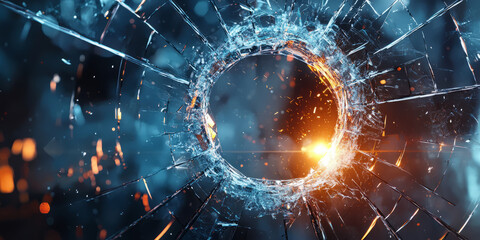 tech background with a shattered glass effect revealing a digital landscape.