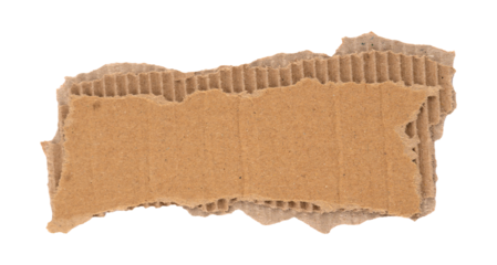 Piece of ripped corrugated cardboard with jagged edges, paper scrap for banners, labels, or collages, grunge texture graphic isolated on a transparent background