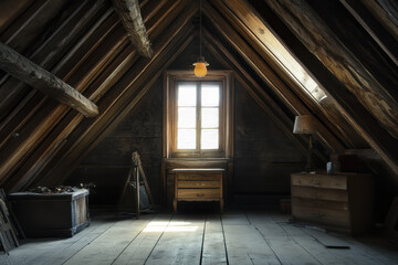 A rustic, dimly lit attic with wooden beams, vintage furniture, and a single window illuminating the space, evoking a sense of nostalgia and mystery.