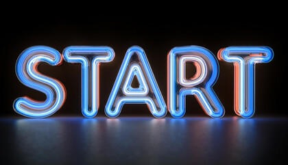 Neon glowing text START on dark backdrop. 3D rendering.