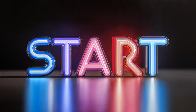 Neon glowing text START on dark backdrop. 3D rendering.