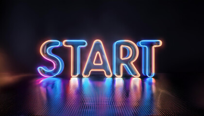 Neon glowing text START on dark backdrop. 3D rendering.