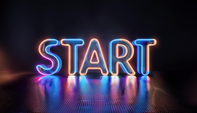 Neon glowing text START on dark backdrop. 3D rendering.