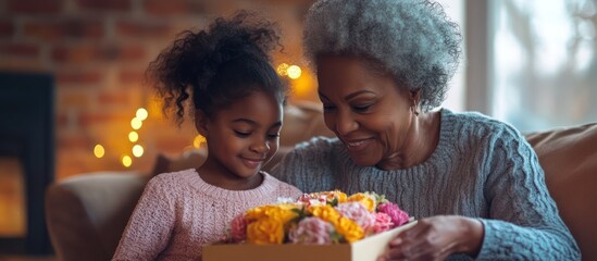 Happy grandmother and granddaughter looking at flowers together.