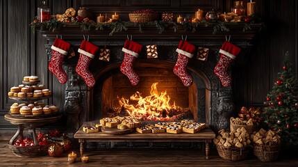 A cozy fireplace with stockings, decorated with candles, pastries, and a small Christmas tree.