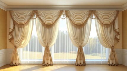 Delicate cream-colored curtains with gold accents, catching soft morning light in a cozy room