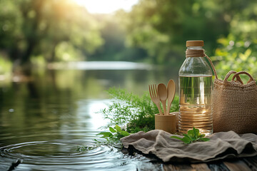 Obraz premium Eco-friendly products like a reusable water bottle, cloth bag, and bamboo utensils, promoting a sustainable and zero-waste lifestyle with a natural and eco-conscious vibe. 