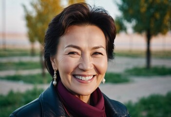 A cheerful woman 50 years old is enjoying a sunny afternoon in a park, showcasing her radiant smile and elegant pearl earrings as she embraces the moment. A resident of Kazakhstan. AI generated.