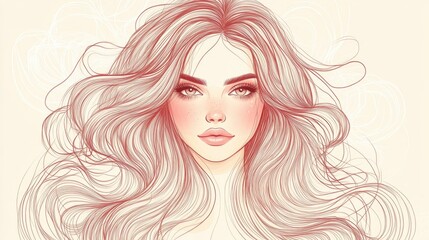 Delicate line art portrait of a woman with wavy hair, soft facial features, on a plain white backdrop