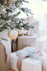 Christmas tree adorned with ornaments and beautifully wrapped presents indoors