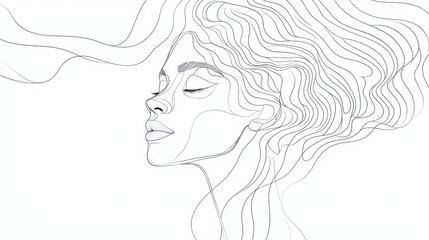 Delicate line art portrait of a woman with wavy hair, soft facial features, on a plain white backdrop