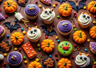 Fototapeta premium Whimsical Halloween Food Photography Featuring Cute Ghosts, Bats, and Spiders Pattern on Spooky Treats and Desserts for a Festive Celebration