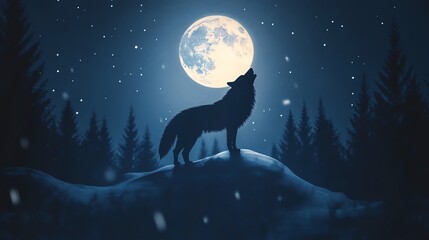 A lone wolf howls at the full moon in a snowy forest.