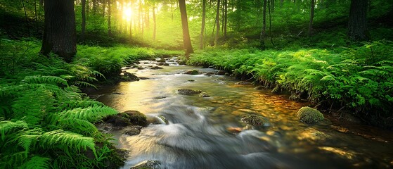 Obraz premium Bright Spring Forest Stream under Morning Sunlight