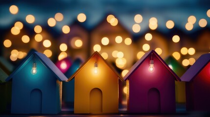 Obraz premium Colorful miniature houses illuminate the night with charming lights for a cozy atmosphere