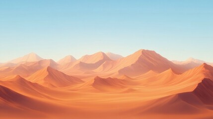 Naklejka premium Breathtaking desert landscape with rolling dunes and majestic mountains under a clear sky.