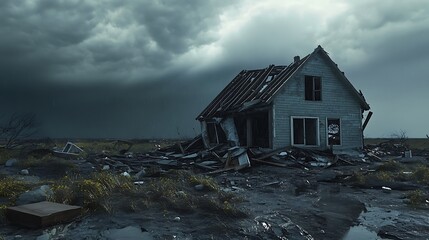 Ruined House Under a Gloomy Sky