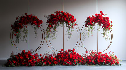 Background should be white, like in a studio, and hoops with red floral arrangements should hang from the ceiling.