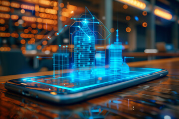 Augmented reality view of a futuristic cityscape, merging smartphone technology with holographic visuals. Depicts urban design, connectivity, and digital innovation in a night setting