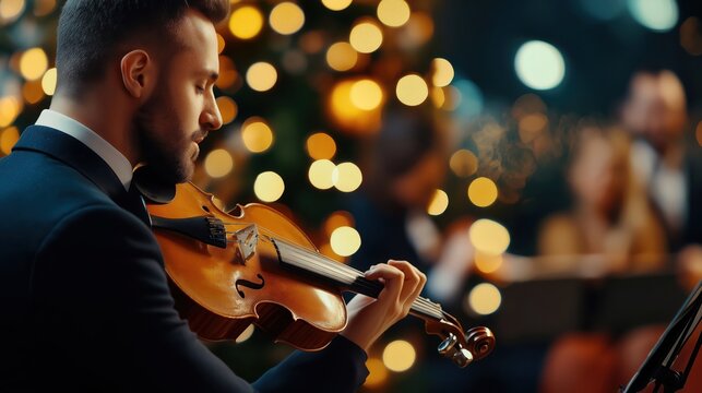 Musician captivates audience with enchanting violin performance amidst holiday lights