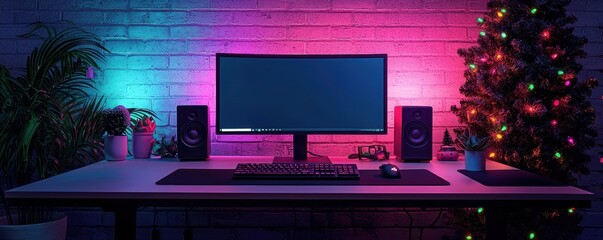 Modern Gaming Setup with Neon Lights and Christmas Tree