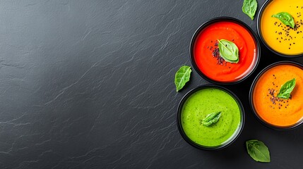 Assortment of Colorful Soups with Basil on Black Surface