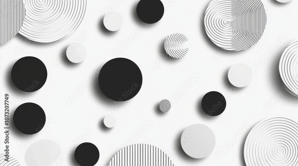 Poster an abstract arrangement of black and white circles with varying patterns on a bright background, cre