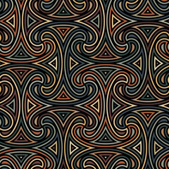 Seamless repeating pattern with an intricate design of interlocking wavy geometric elements, outlined with concentric thin lines in brown, green, and black. Modern ethnic style. Vector illustration.
