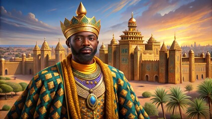 A historically accurate depiction of Mansa Musa in West African regal attire, adorned in gold and jewels, with a grand Mali Empire palace in the background