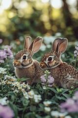 Fototapeta premium Rabbits in flower field