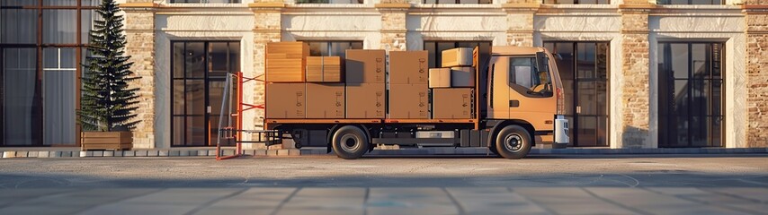 A white delivery truck is parked by a building with boxes