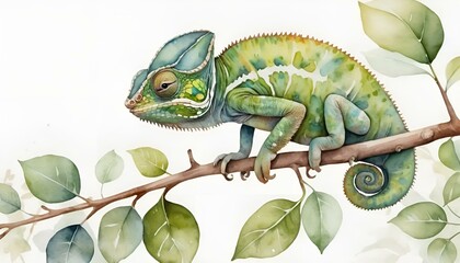 Colorful watercolor illustration of a chameleon perched on a branch surrounded by leaves
