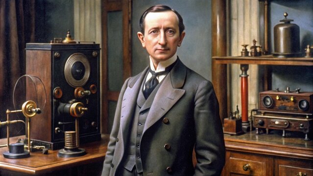 A realistic portrait of Guglielmo Marconi in early 20th-century European attire, standing near a vintage radio and telegraph equipment