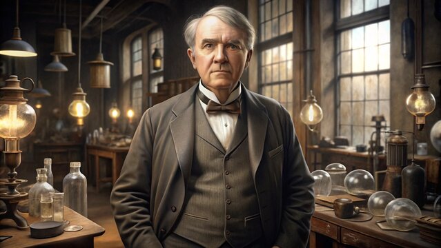 A realistic portrait of Thomas Edison in late 19th-century attire, standing in a workshop filled with early electric light bulbs and laboratory equipment