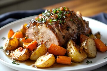 Close-up of a savory r&ocirc;ti de porc, roasted pork loin, with caramelized carrots and roasted potatoes on a modern white plate. Set on a sleek table, the dish is framed by a warm, stylish kitchen