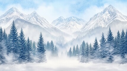 Fototapeta premium A serene winter landscape featuring snow-covered mountains and a dense forest of evergreens beneath a clear blue sky.