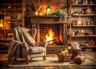 Cozy Fireplace Scene with Armchair and Rustic Decor, Emphasizing Warm Lighting for a Welcoming Atmosphere Perfect for Home Interior Stock Photography