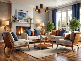 Cozy Mid-Century Living Room with Terra Cotta Armchairs, White Sofa, and Blue Cushions, Featuring a Warm Fireplace in a Modern Interior Design Aesthetic