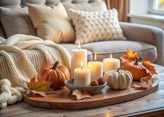 Cozy Living Room Decor with Rustic Metal Tray, White Candles, Small Pumpkins, Knitted Blanket, and Orange Leaf in Soft White Color Tone for Inviting Atmosphere