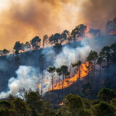 Smoke and flames engulfing a forest or hillside, capturing the impact of rising temperatures